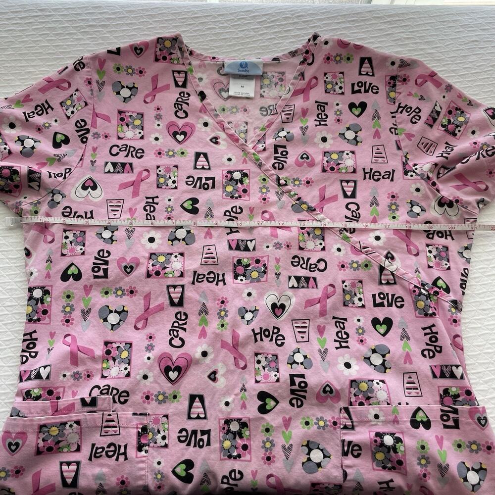 SB Scrubs Breast Cancer Awareness Pink Ribbons Hearts Scrub Top Size M Cotton - Picture 3 of 10